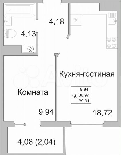 1-к. квартира, 39 м², 3/9 эт.