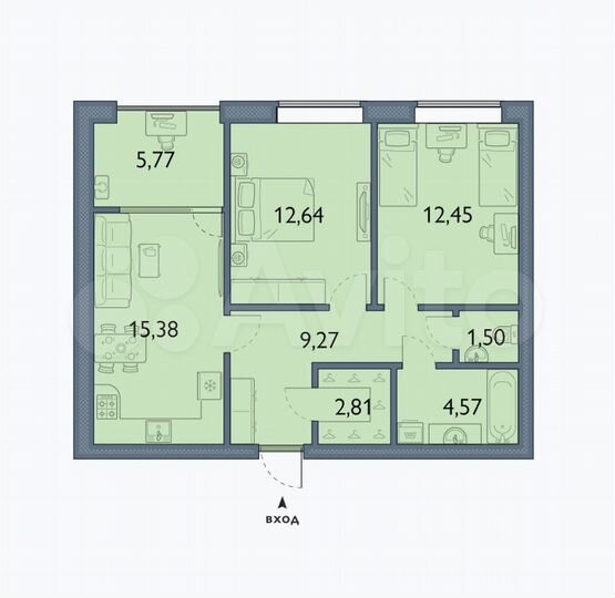 2-к. квартира, 64,4 м², 5/5 эт.
