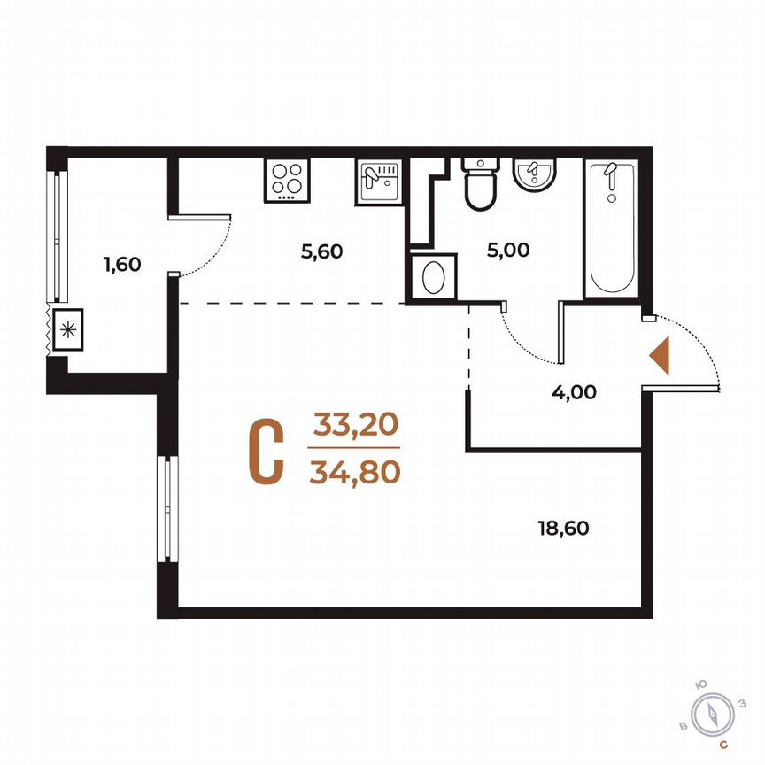 Квартира-студия, 34,8 м², 4/8 эт.