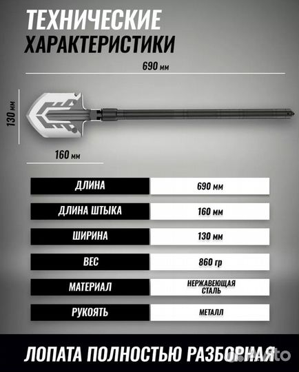 Лопата мультитул 9 в 1