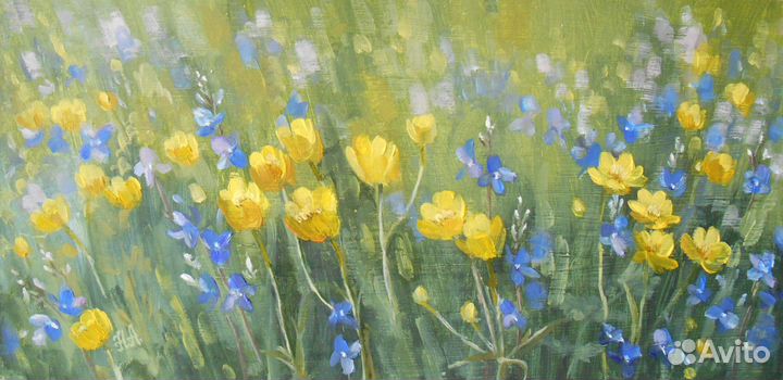 Картина маслом пейзаж с цветами. 15*30 см