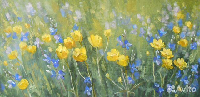 Картина маслом пейзаж с цветами. 15*30 см