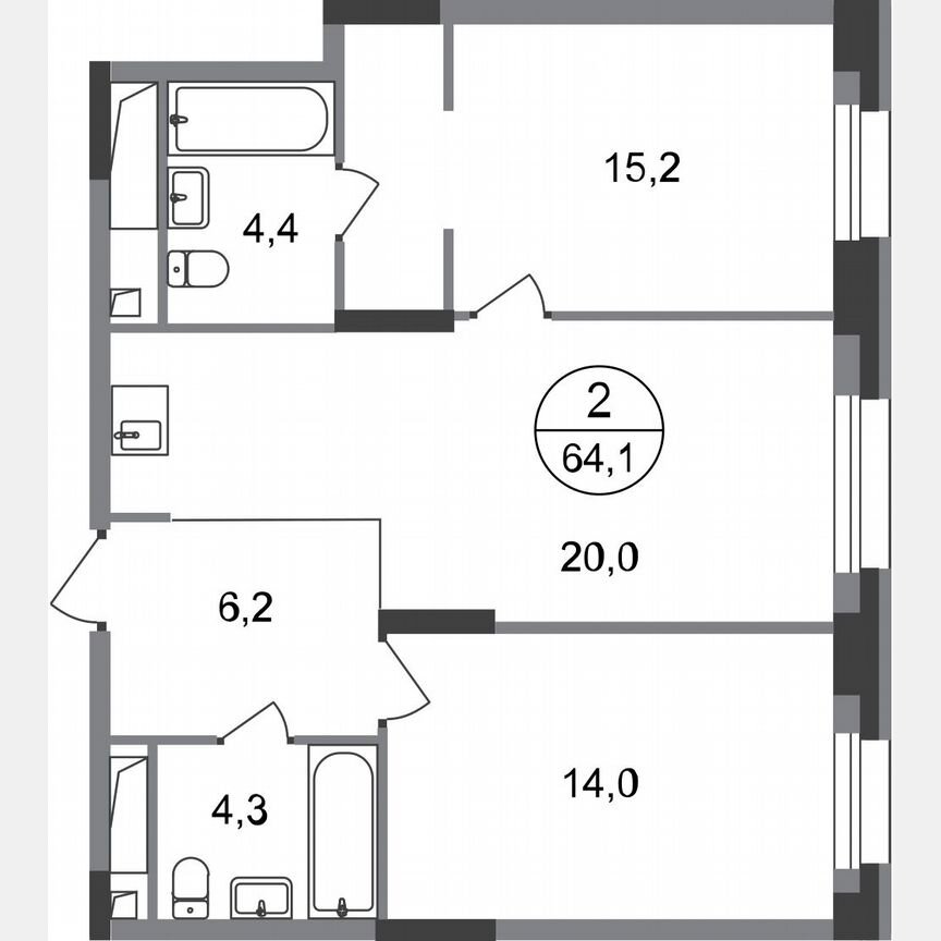 2-к. квартира, 64,1 м², 13/20 эт.