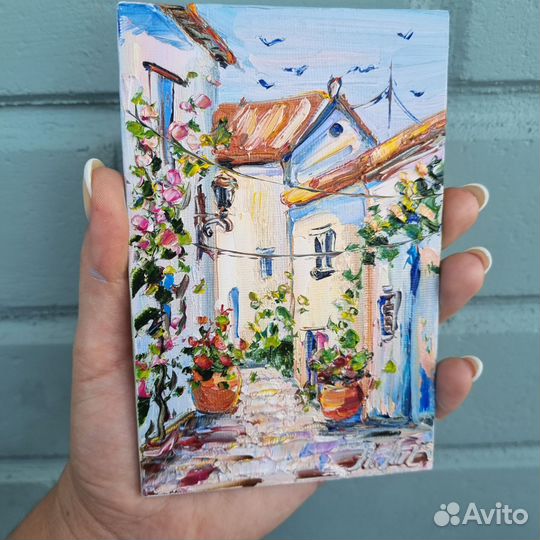 Картина маслом пейзаж Греции миниатюра цветы город
