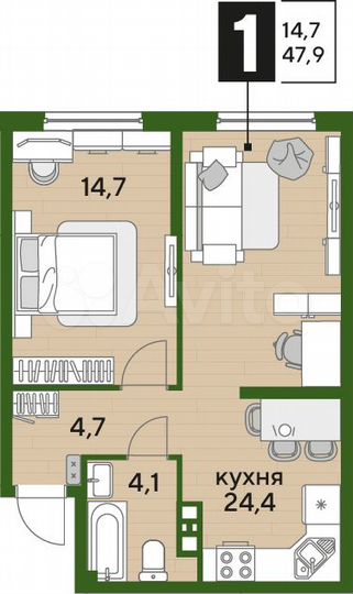 1-к. квартира, 47,9 м², 8/19 эт.