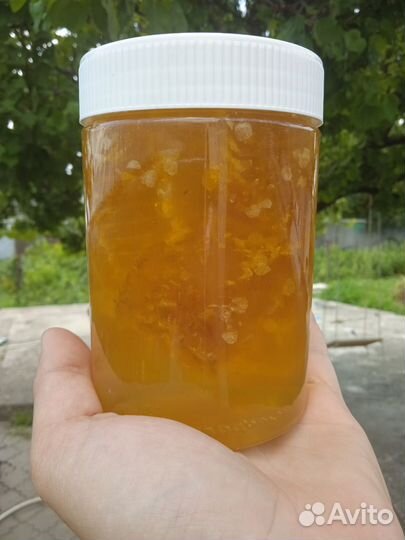 Мед в сотах разнотравье, залит жидким медом