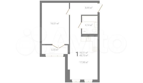 1-к. квартира, 48,8 м², 3/23 эт.