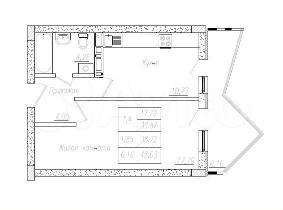 1-к. квартира, 38,7 м², 6/8 эт.