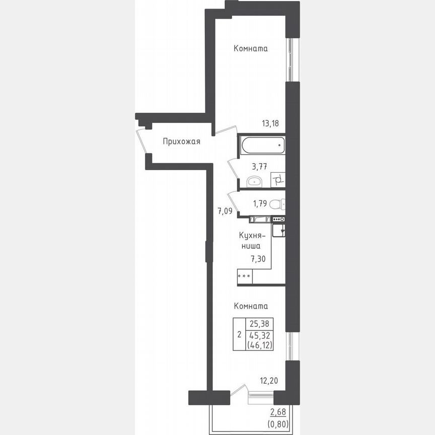 1-к. квартира, 46,1 м², 5/5 эт.
