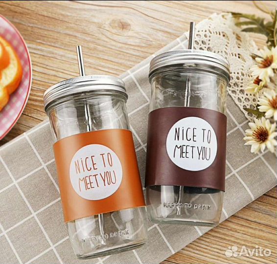 Стакан стеклянный с металлической трубочкой