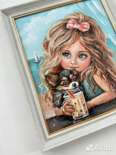 Картина маслом в рамке Дама с собачкой