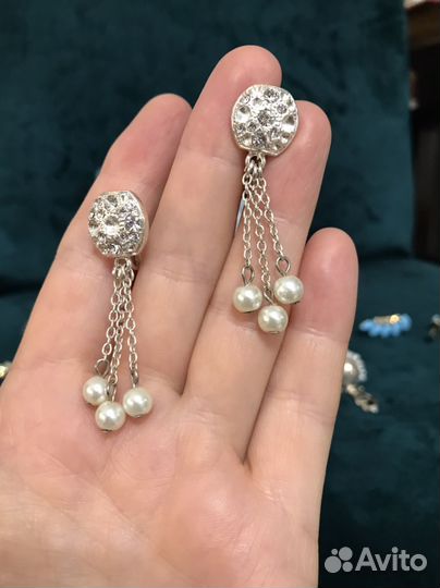 Сеьги винтаж.Ссср.Посеребрение Жемчуг.Латунь