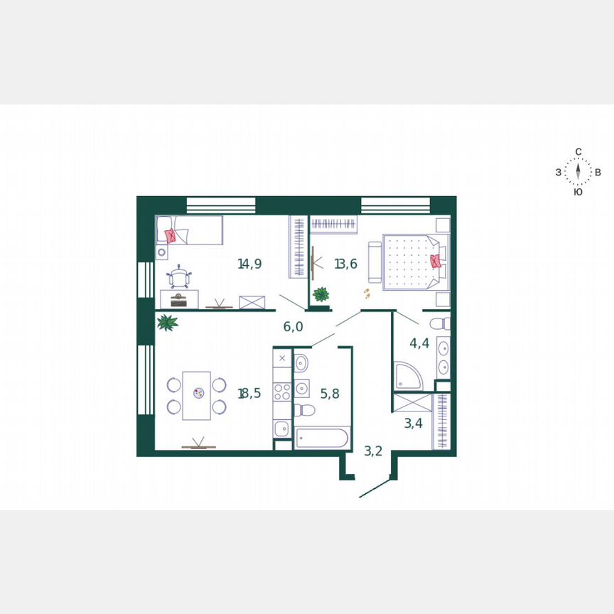 2-к. квартира, 69,8 м², 3/6 эт.