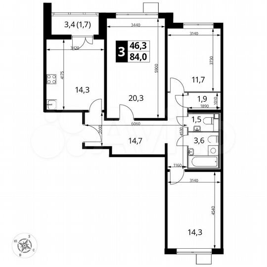3-к. квартира, 84 м², 9/22 эт.