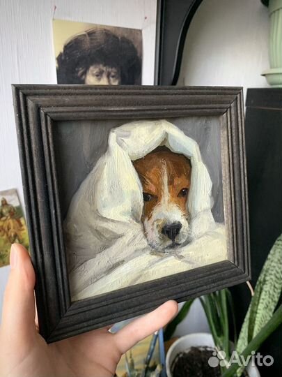 Картина маслом собака в раме