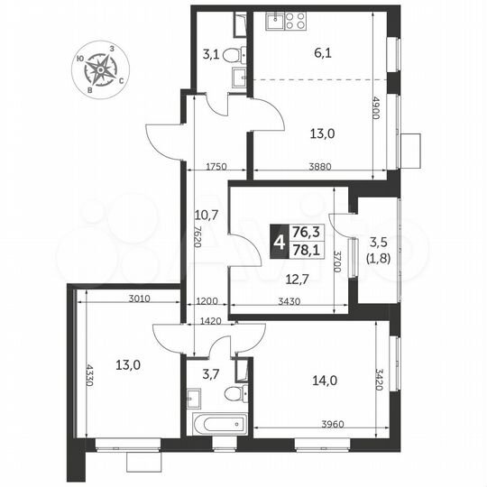 4-к. квартира, 78,3 м², 4/25 эт.