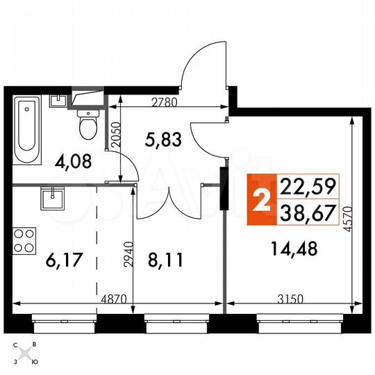 2-к. апартаменты, 38,7 м², 2/15 эт.