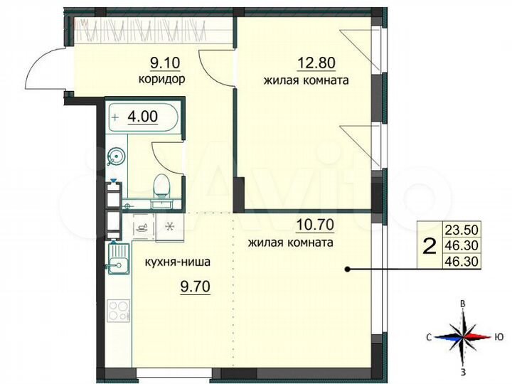 2-к. квартира, 46,8 м², 2/8 эт.