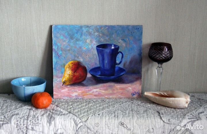 Картина маслом Натюрморт Синяя кружка и груша