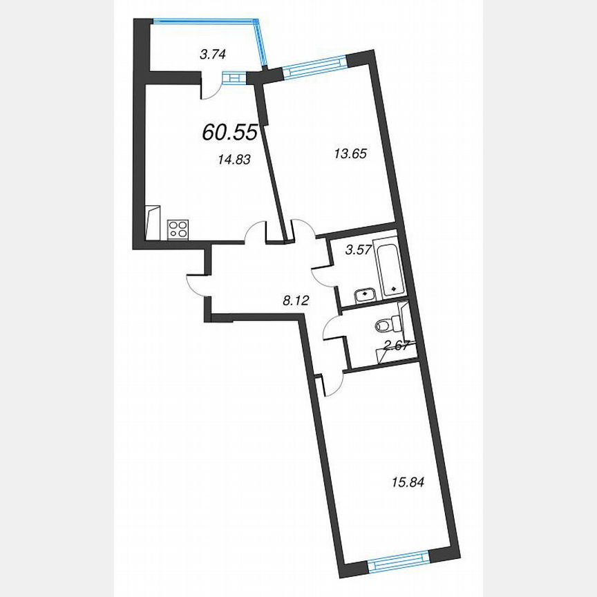 2-к. квартира, 62,4 м², 2/22 эт.
