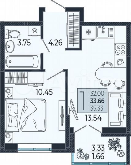 1-к. квартира, 33,7 м², 3/21 эт.
