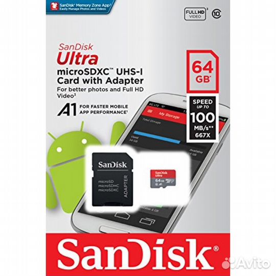 Карта памяти MicroSD 64GB SanDisk 100 Mb/s+Адаптер