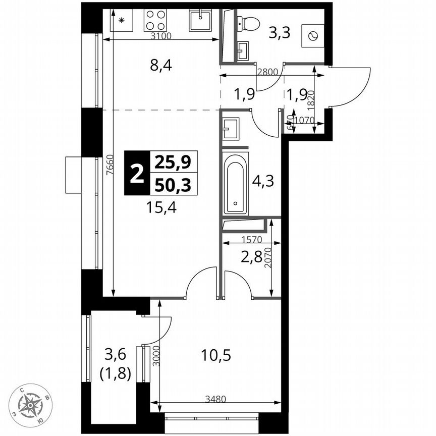 2-к. квартира, 50,3 м², 14/21 эт.