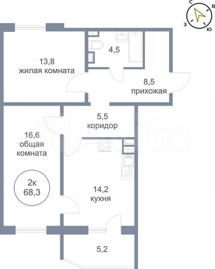 2-к. квартира, 68,3 м², 6/7 эт.