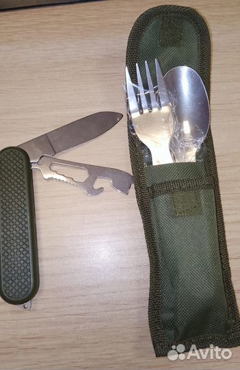 Нож походный + столовый прибор вилка с ложкой