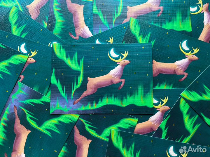 Почтовая открытка с оленем и северным сиянием