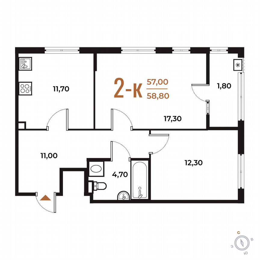 2-к. квартира, 58,8 м², 2/8 эт.