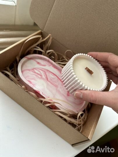 Подарочный набор соевая свеча + гипсовый поднос