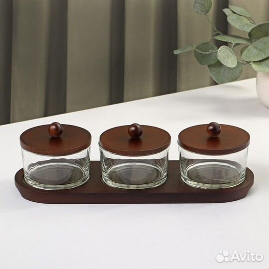 Набор стеклянных конфетниц 'Натурэль', на деревянн