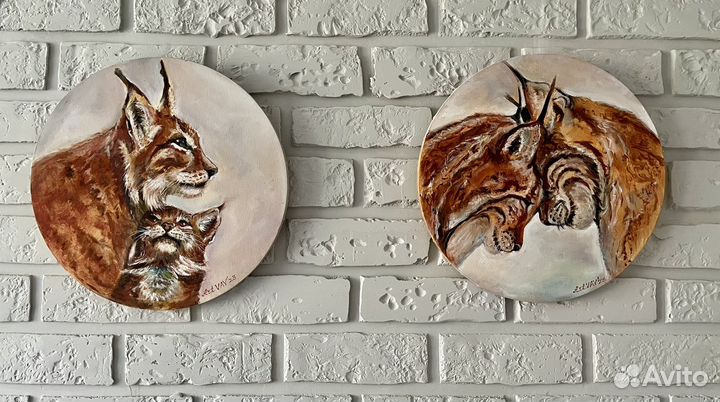 Картина маслом Две рыси Круглый холст 40 см