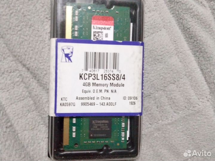 Память kcp3l16ss8/4 kingston ddr3l 4gb 1600