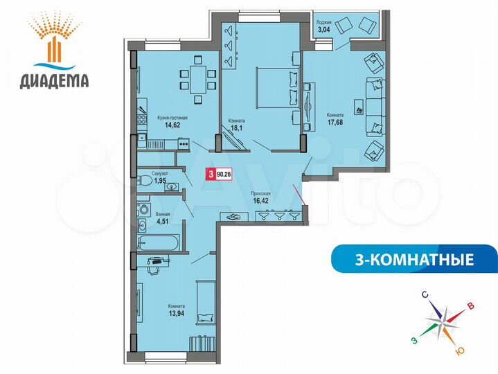 3-к. квартира, 90,3 м², 4/22 эт.