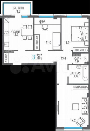 3-к. квартира, 76,5 м², 2/9 эт.