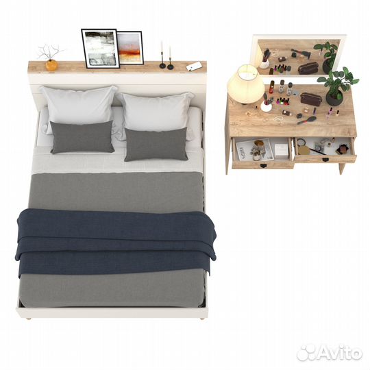 Двуспальная кровать на 1600 Муссон 11.41 с основанием и столиком с зеркалом белый/дуб эндгрейн элега