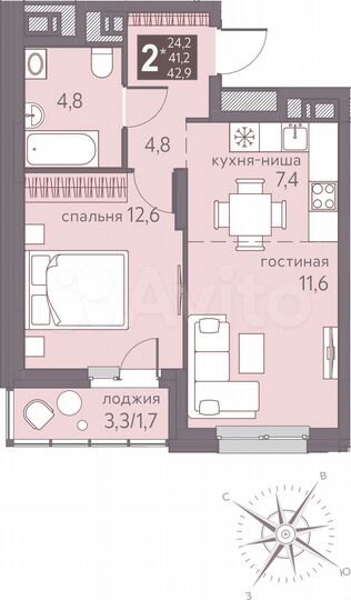2-к. квартира, 42,9 м², 8/16 эт.