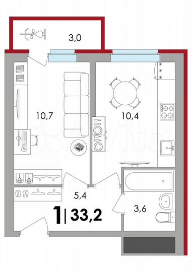 1-к. квартира, 33,2 м², 1/18 эт.