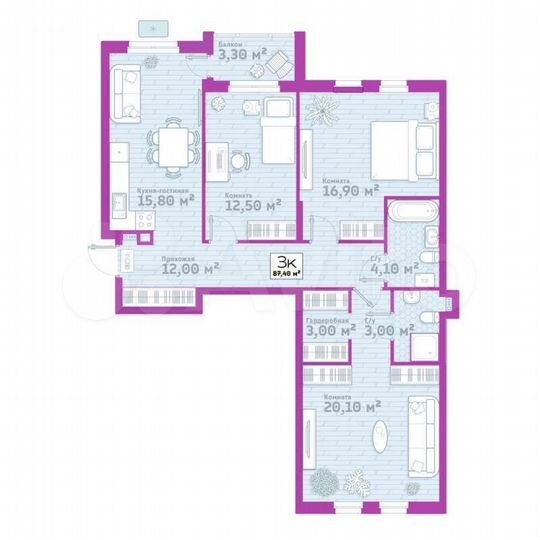 3-к. квартира, 87,4 м², 3/4 эт.