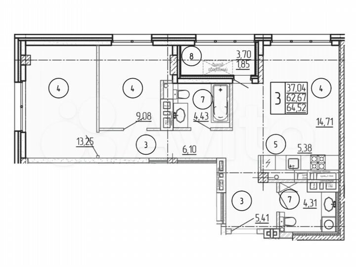 2-к. квартира, 64,5 м², 19/24 эт.