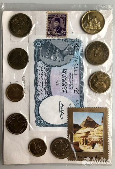 Египет 9 монет + купюра 5 пиастров в упаковке