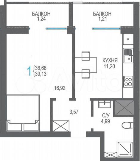 1-к. квартира, 39,1 м², 12/16 эт.