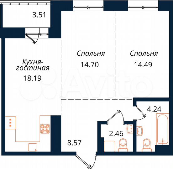2-к. квартира, 66,2 м², 15/18 эт.