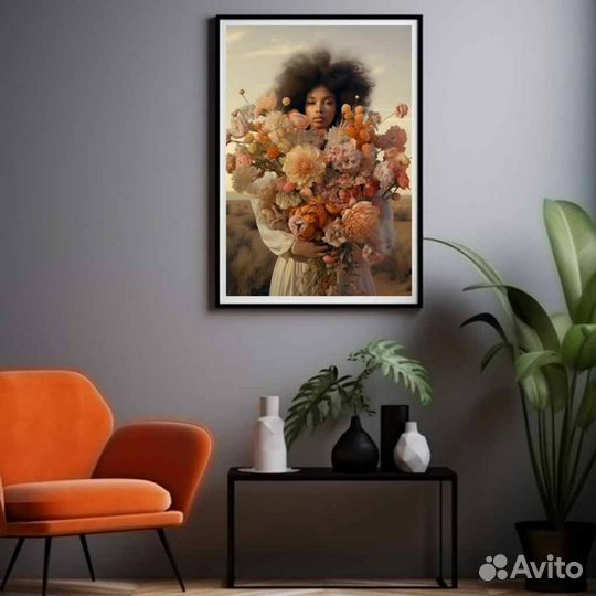 Стильная картина девушка с большим букетом цветов
