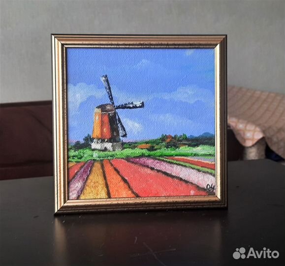 Мельница в полях тюльпанов.Картина маслом.Пейзаж