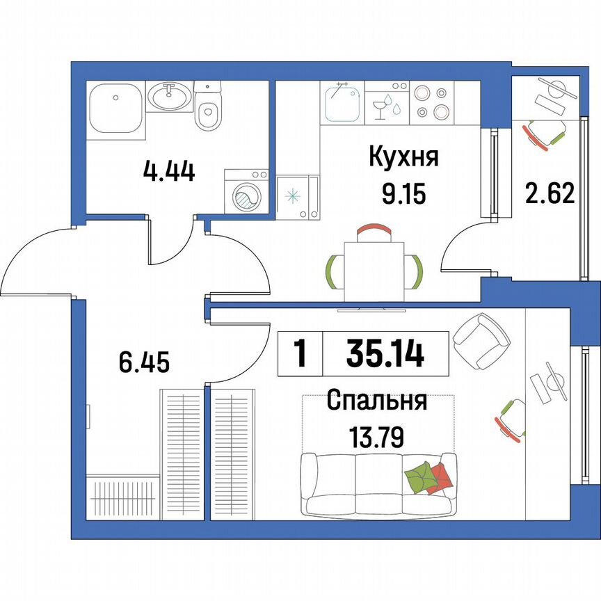 1-к. квартира, 35,1 м², 2/16 эт.