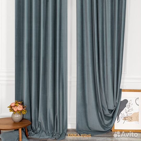 Комплект портьер бархат Богема Серо-голубой шторы
