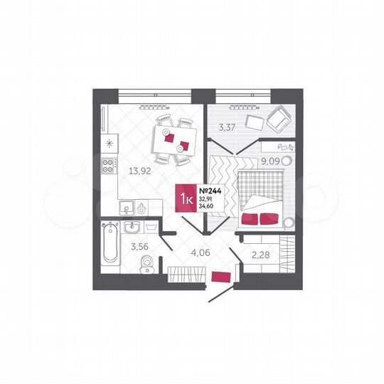 1-к. квартира, 34,6 м², 1/22 эт.